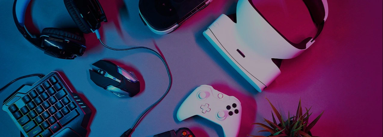Gaming accessories, including keyboards, mice, controllers, and VR headsets