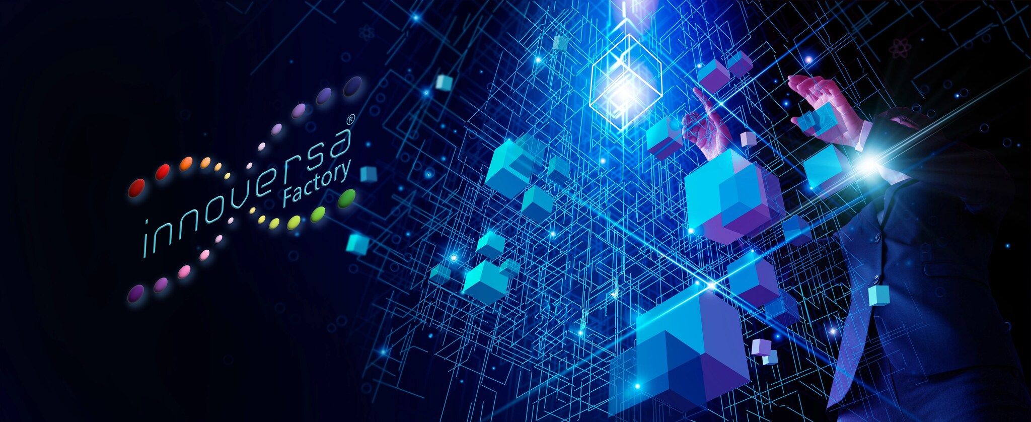 Digitale Innovationswelt mit dem Innoversa-Factory-Schriftzug