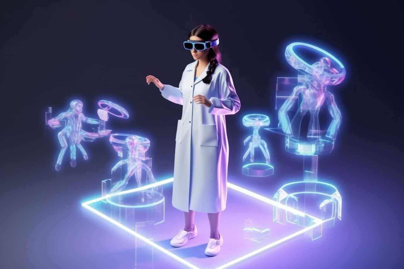 شخص يرتدي نظارة XR بين أشكال هولوغرافية